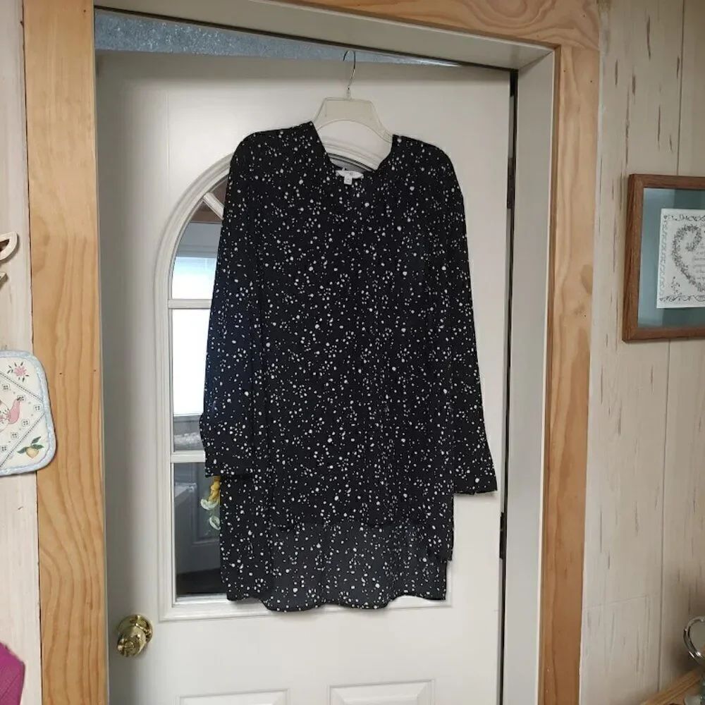 New Terra & Sky Black White Spotted V Neck Woven Tunic Top  Women's 2X 20W/22W